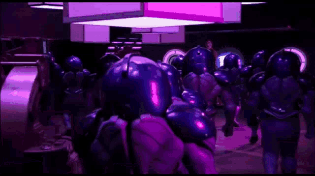 a room with purple circles and a purple light