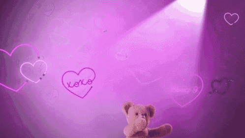 a teddy bear is standing in front of a wall with neon hearts .