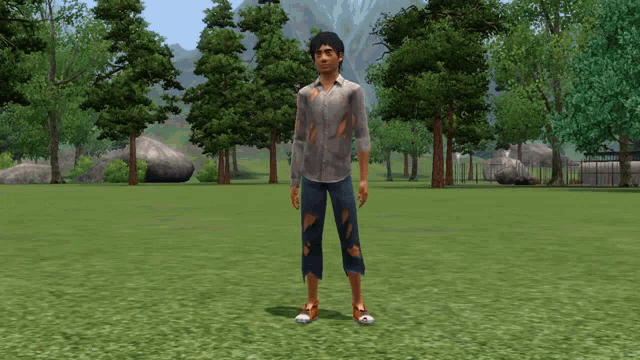 a man is standing in a field with trees in the background