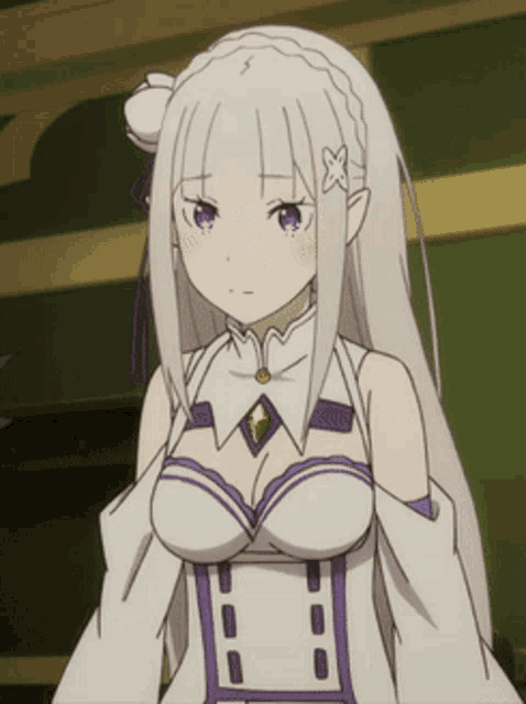 a girl with white hair and a purple necklace