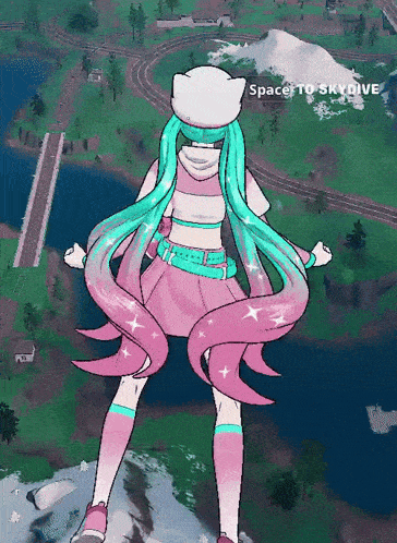 a girl in a pink and blue outfit is standing on top of a hill with the words spacer to skydive written below her