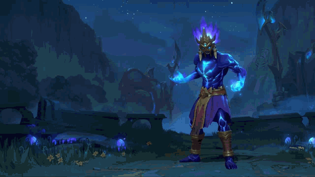 a video game character is holding a blue object in his hands