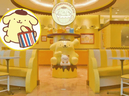 a yellow room with a pompompurin cafe logo