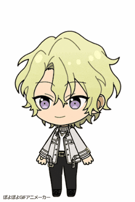 a cartoon character with yellow hair and purple eyes is wearing a white jacket and black pants