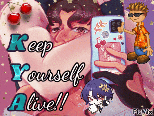 a cartoon of a person taking a selfie with the words keep yourself alive on the bottom
