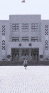 a person standing in front of a building with a flag on top of it