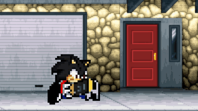 a pixel art drawing of a cartoon character standing in front of a red door