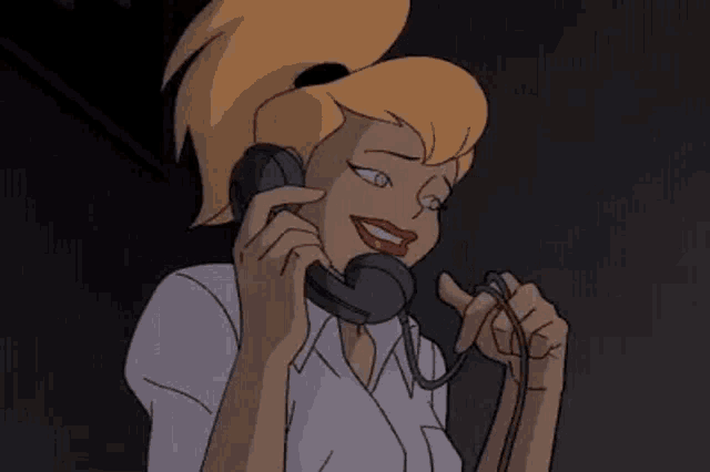 a cartoon woman is talking on a telephone and pointing at something .