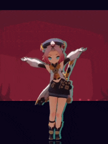 a girl with pink hair and blue eyes is standing with her arms outstretched in front of a red background .