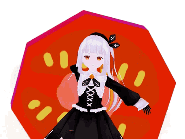 a girl with white hair and a black dress with a x on the collar