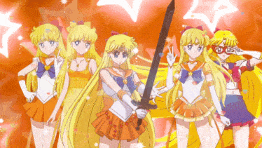 a group of anime girls are standing next to each other with one holding a sword