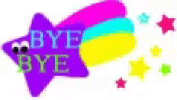 a purple star with the words `` bye bye '' written on it .