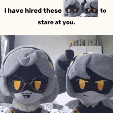a couple of stuffed animals are sitting next to each other with the caption i have hired these to stare at you