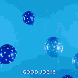a blue balloon with the words yay written on it surrounded by other blue balloons .