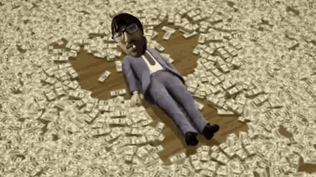 a man in a suit and tie is laying on a pile of money ..