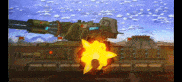 a cartoon drawing of a tank shooting a rocket in the desert