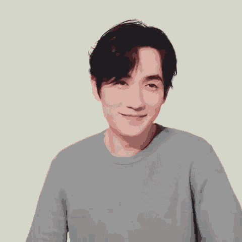 a man wearing a grey sweater is smiling and looking at the camera .