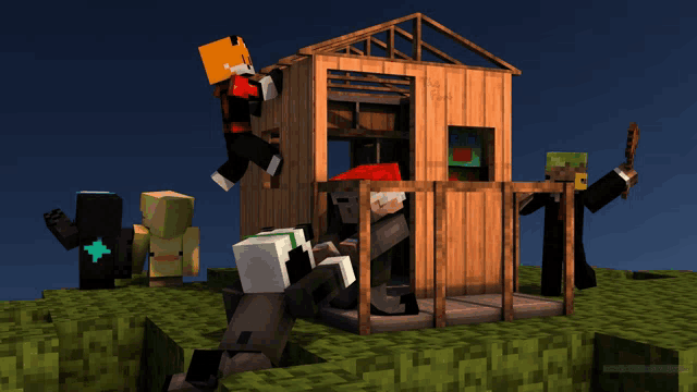 a group of minecraft characters are working on a house