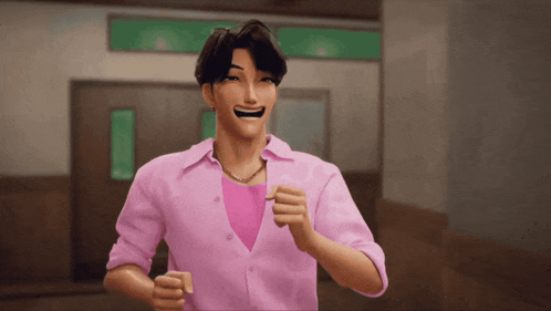 a man wearing a pink shirt and a necklace is smiling