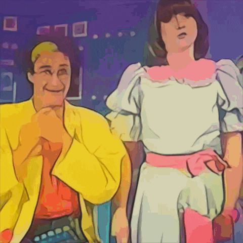 a man in a yellow jacket is standing next to a woman in a pink dress