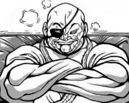 a black and white drawing of a bald man with his arms crossed and a eye patch .