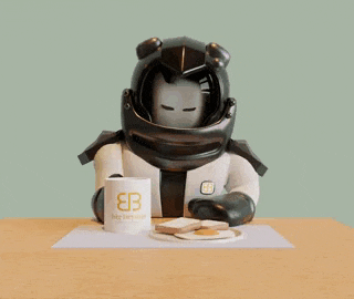 a cartoon character is sitting at a table with a cup of coffee and a plate of food with the word good written below him