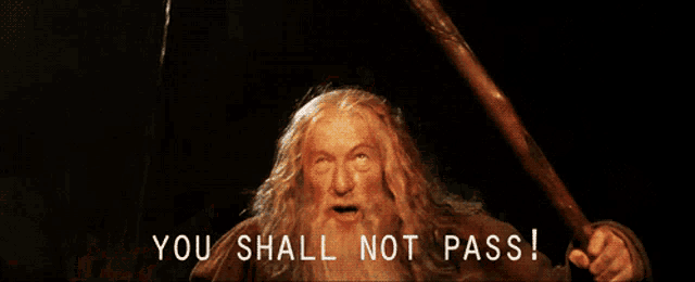 a man with long hair and a beard is holding a sword and says you shall not pass