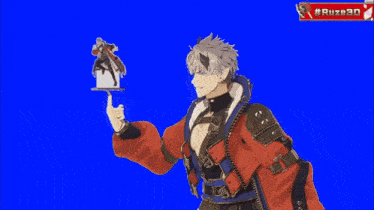 a man in a red jacket is holding a statue on a tray .