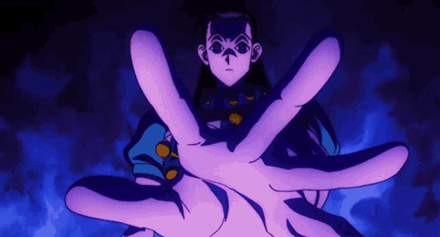 a purple hand is reaching out towards a blue background