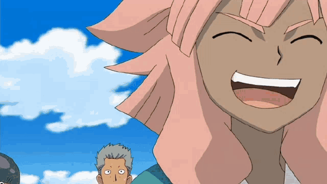 a close up of a cartoon character with pink hair