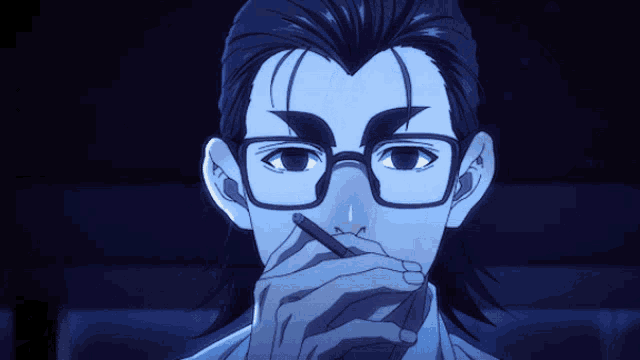a man with glasses is holding a pen to his nose