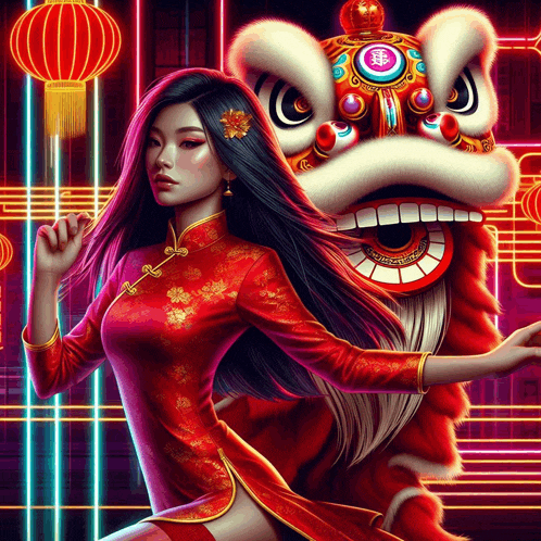 a woman in a red dress is dancing in front of a lion with chinese writing on it