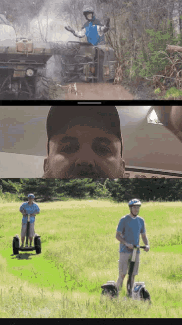 a man in a blue shirt is riding a segway on a grassy field