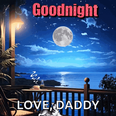 a picture of a balcony overlooking a body of water with the words goodnight love daddy written on it