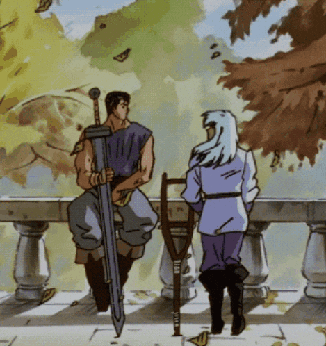 a man with a sword and a woman with crutches