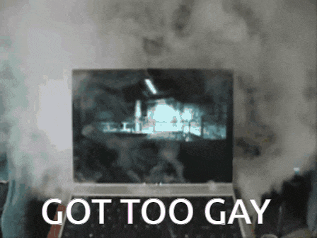 a laptop that has smoke coming out of it and the words got too gay