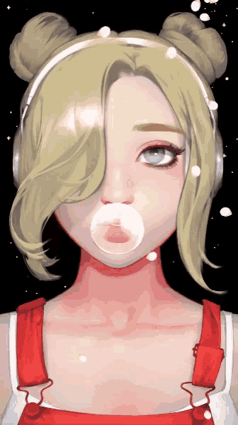 a girl with blonde hair blowing a bubble with headphones on
