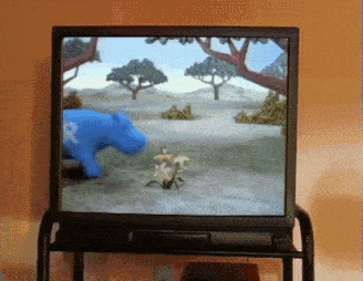a tv screen shows a blue hippo with the letter r on his back