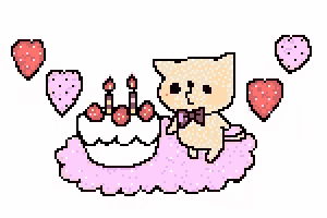 a pixel art drawing of a cat sitting on a cloud next to a cake surrounded by hearts .