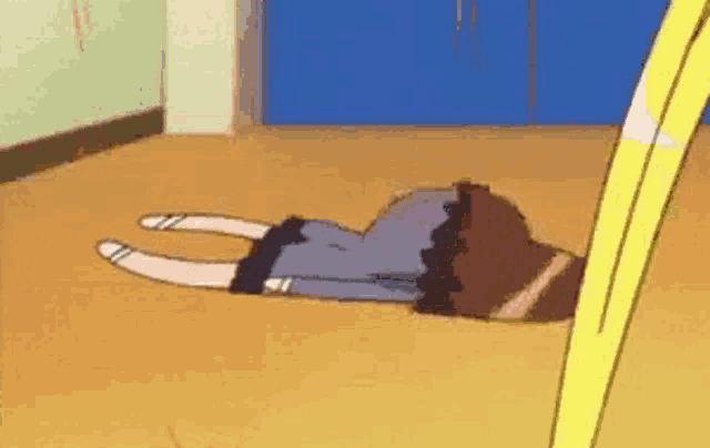 a cartoon girl is laying on the floor with her legs crossed .