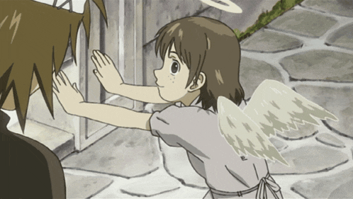 a girl with angel wings reaches out to touch a man 's face