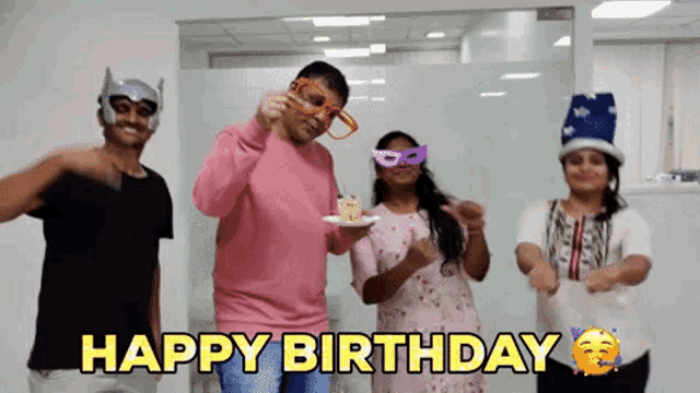 a group of people celebrating a birthday with the words happy birthday written in yellow
