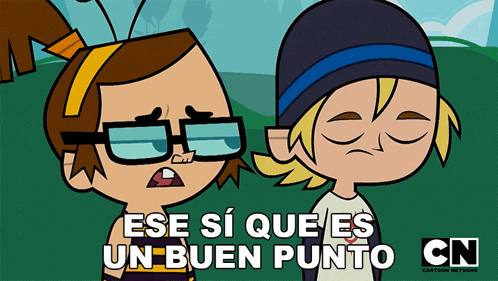 two cartoon characters are standing next to each other with the words " ese si que es un buen punto " in white letters