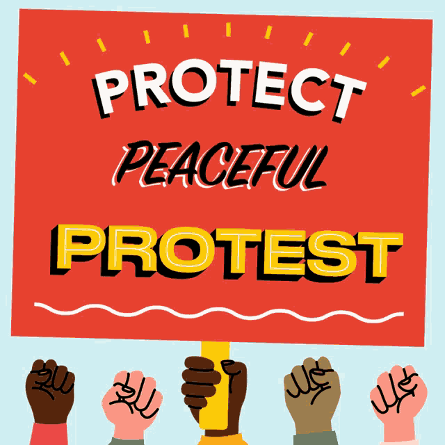 a group of people holding a sign that says " protect peaceful protest "