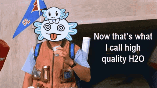 a man with an axolotl mask on his head holds a cup of water