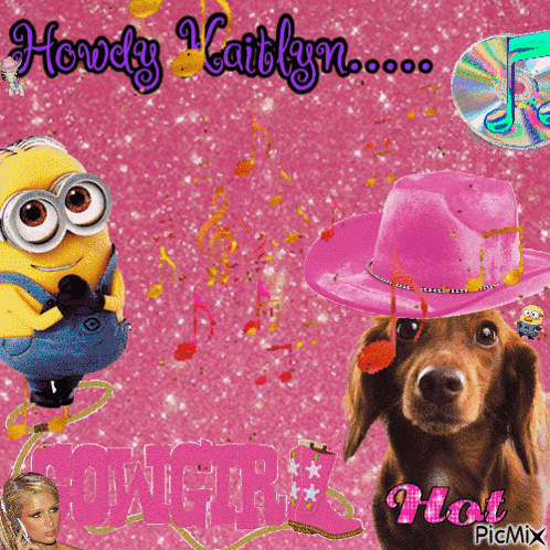 a picture of a dachshund wearing a pink cowboy hat with the words howdy cathlyn on it