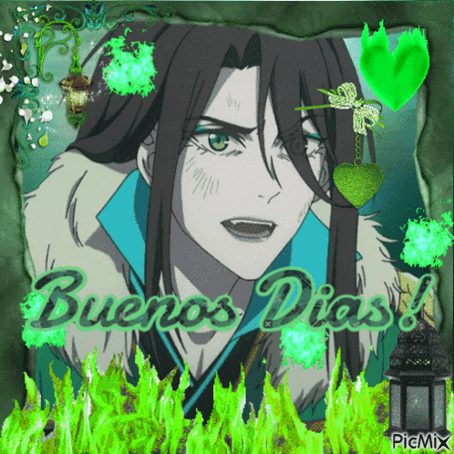 a picture of a man with the words buenos dias written on it