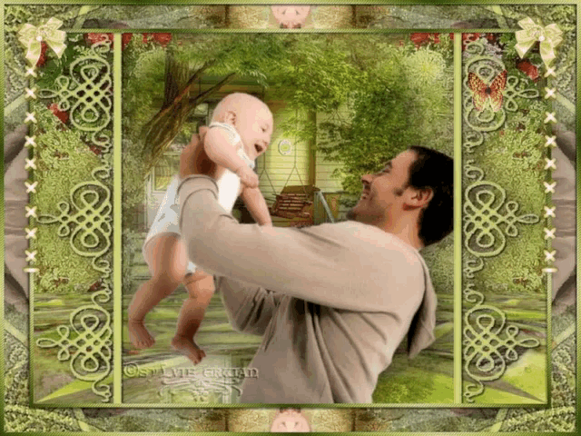 a picture of a man holding a baby with the name sylvia graham on the bottom right