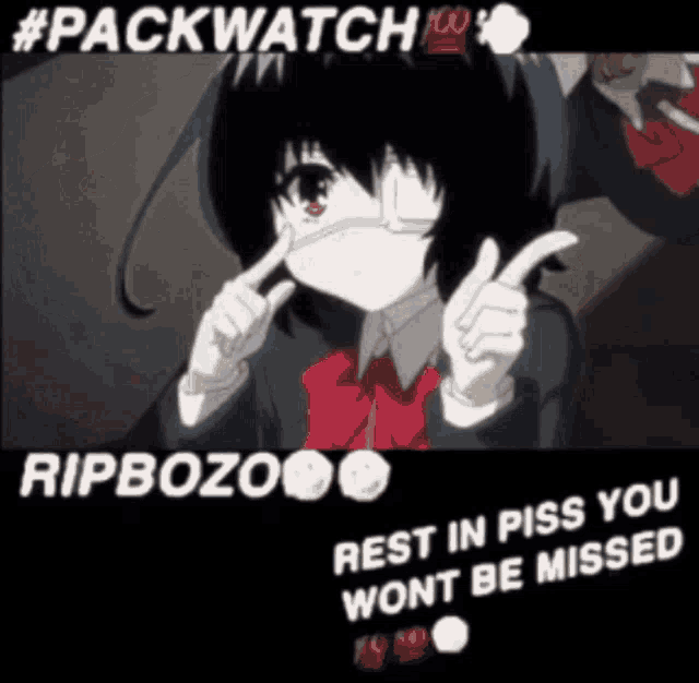 a picture of a girl with a bandage on her eye and the words ripbozo rest in piss you won t be missed