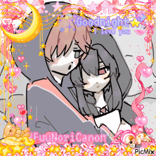 a drawing of a boy and a girl hugging with the words goodnight i love you on the bottom